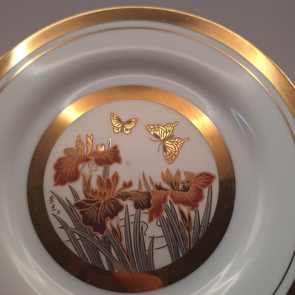 VINTAGE 1985 ART OF CHOKIN 24K GOLD TRIM CALLA LILIES AND BUTTERFLIES PLATE - Picture 4 of 5